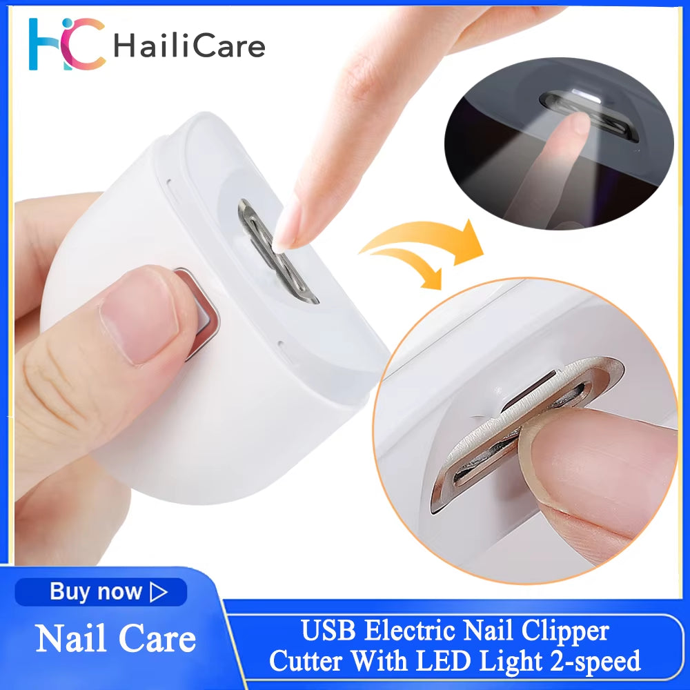 USB Electric Nail Clipper Cutter with LED Light 2-Speed Automatic Nail Grinder Trimmer for Baby Adult Mini Manicure Tools