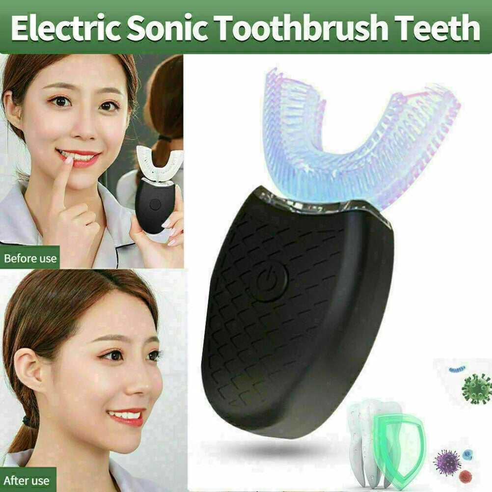 Electric Toothbrush U-Shaped Sonic Electric Toothbrush Full-Automatic Ultrasonic Whitening Toothbrush (Black, for Adults)