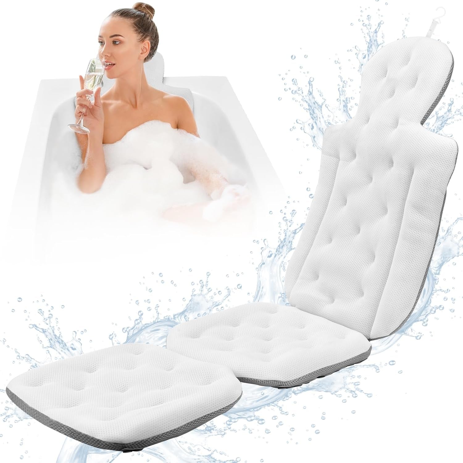 Luxurious Full Body Bath Cushion - Thick Bathtub Pillow for Head, Neck and Back Support - White 51" X 16"